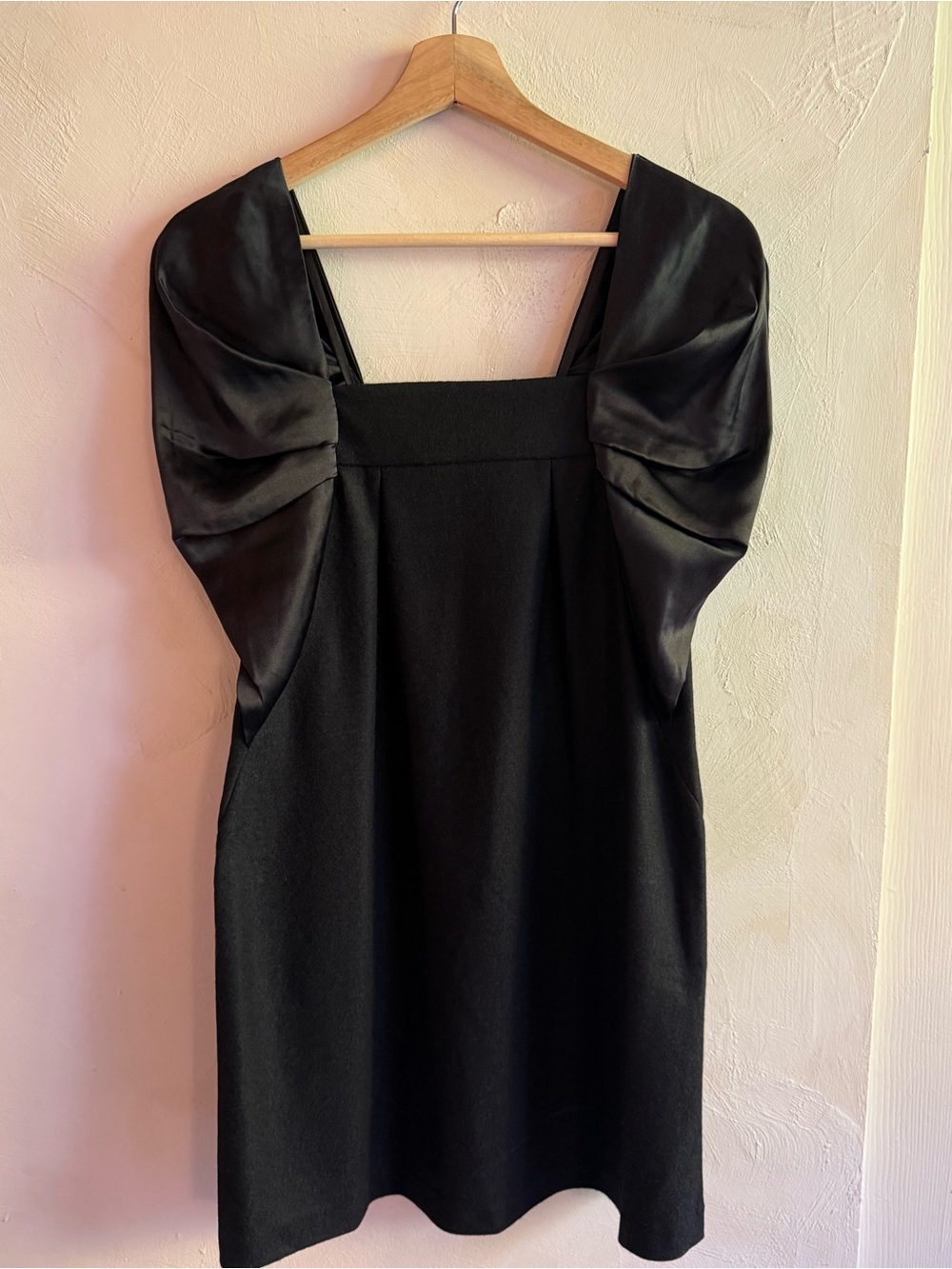 Vanessa Bruno Black Wool Silk Mini Dress Satin Puff Sleeve Square Neck S/M - Picture 3 of 15